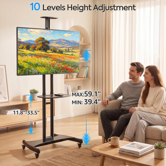 Mountory Mobile TV Stand, Rolling TV Cart for 40-85" TVs, Portable TV Floor Stand with Wheels, Adjustable Shelf, VESA 600x400mm,up to 100 lbs