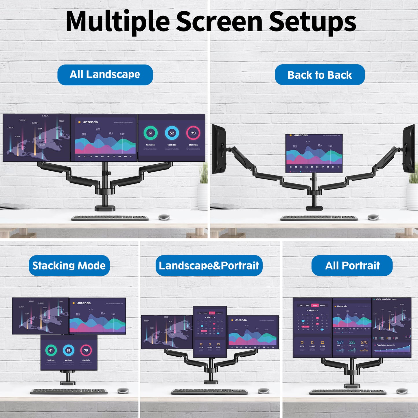 ErgoFocus Triple Monitor Desk Mount for Computer Screens up to 32", Holds up to 19.8 lbs Each, 3 Monitor Arm with Gas Spring, Heavy Duty Stand Vesa Mount 75x75, 100x100