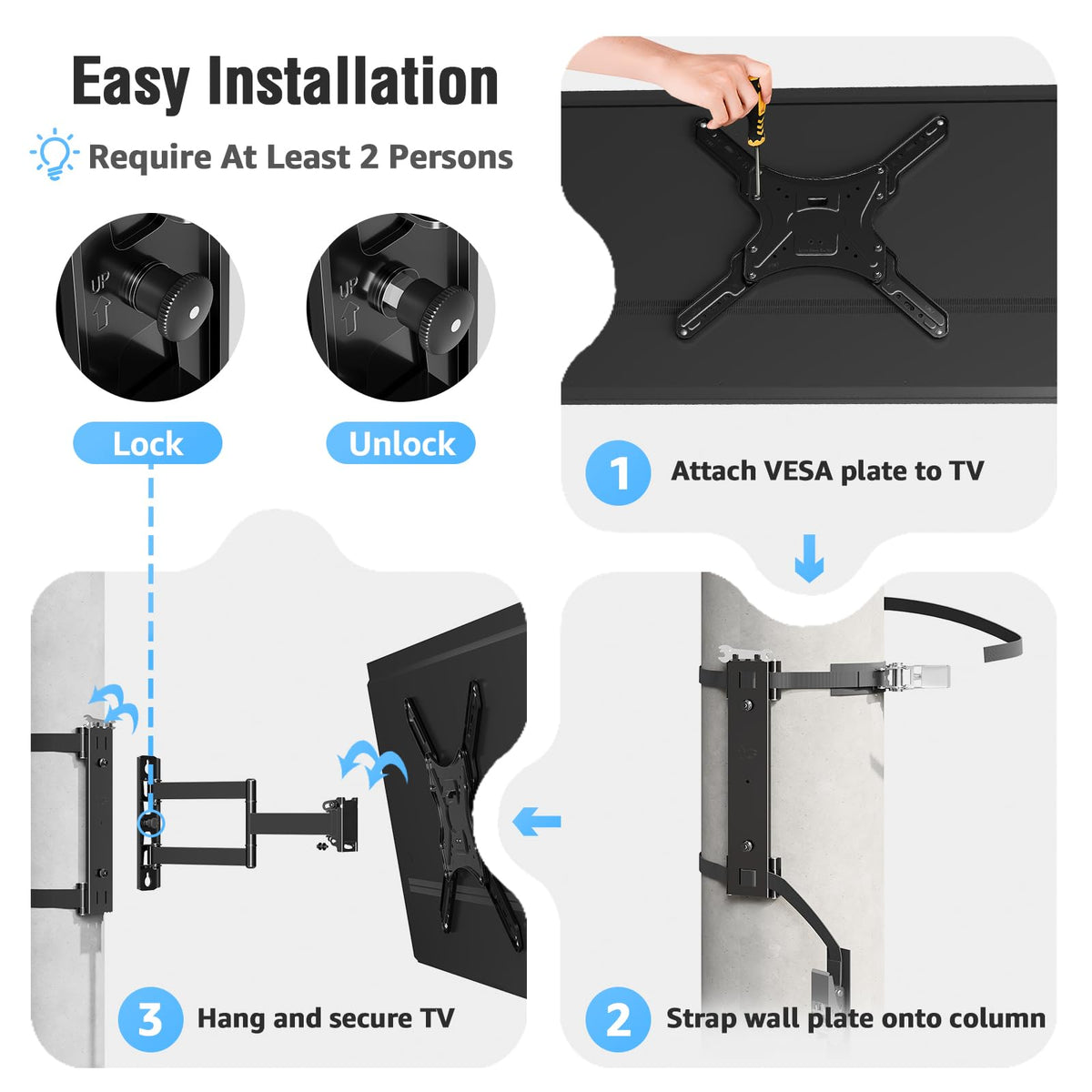Mountory Pillar TV Mount for 26-60 inch TVs, No Drill TV Wall Mount for Gazebo Patio Pole, Strap-On Post Mount for Round/Square Columns, Full Motion Swivel & Tilt, Max VESA 400x400mm, 77lbs