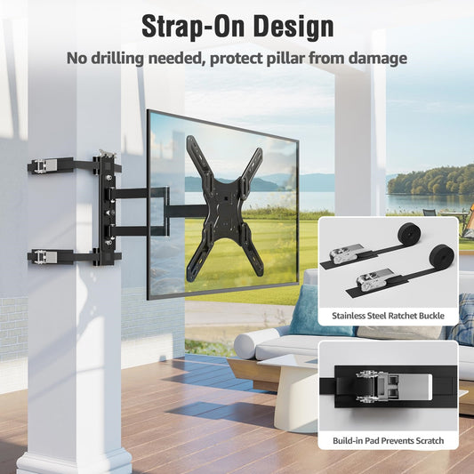 Mountory Pillar TV Mount for 26-60 inch TVs, No Drill TV Wall Mount for Gazebo Patio Pole, Strap-On Post Mount for Round/Square Columns, Full Motion Swivel & Tilt, Max VESA 400x400mm, 77lbs