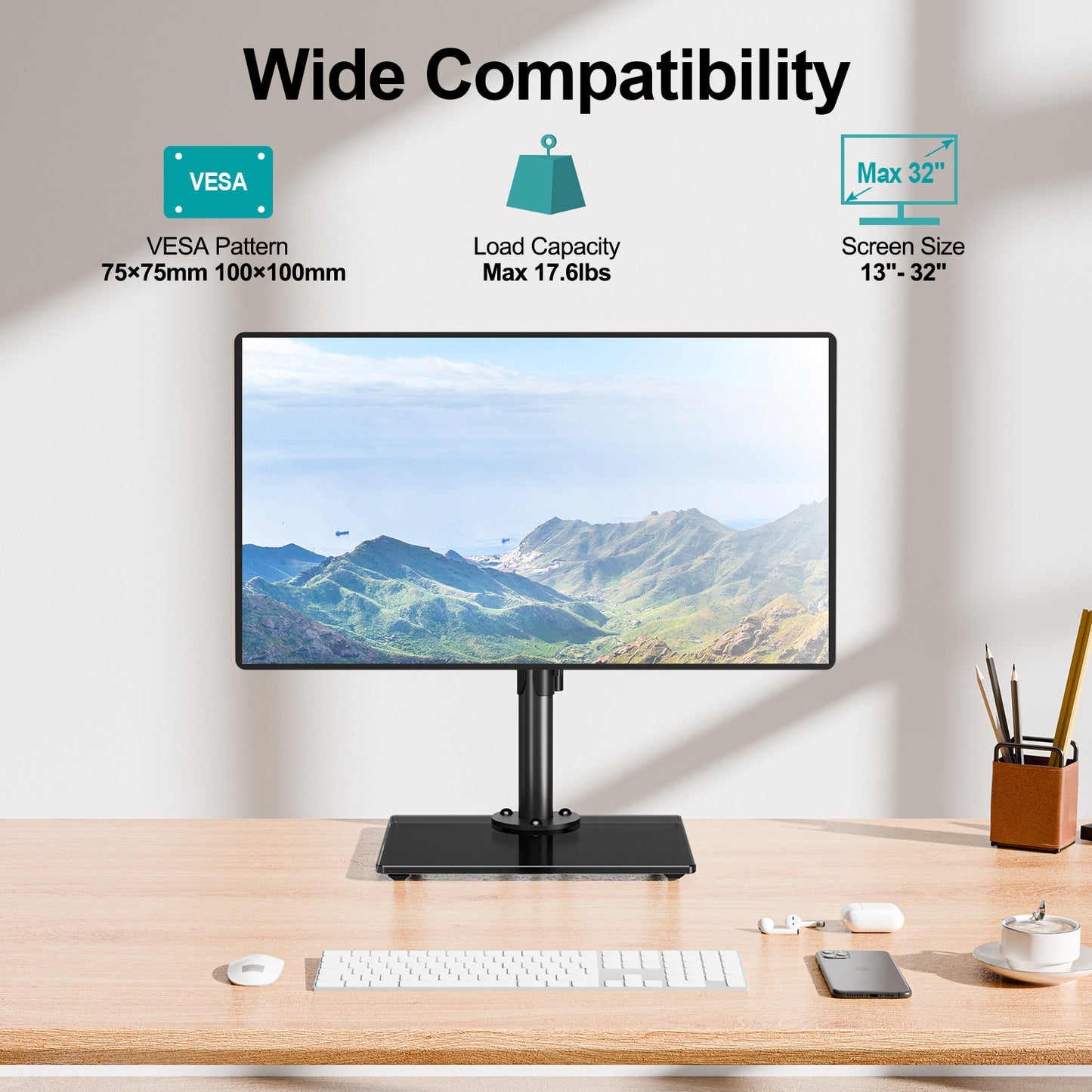 Mountory Single Monitor Stands Fits 13-32 inch Screen, Freestanding Monitor Mount for Desk, VESA 75x75 100x100, up to 17.6lbs