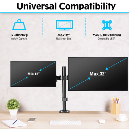 Mountory Dual Monitor Mount, Hold Two Screens up to 32" , 17.6 lbs Each, Fully Adjustable Arms with C-Clamp and Grommet Base, Double Monitor Stand