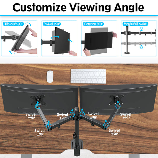 Mountory Dual Monitor Mount, Hold Two Screens up to 32" , 17.6 lbs Each, Fully Adjustable Arms with C-Clamp and Grommet Base, Double Monitor Stand