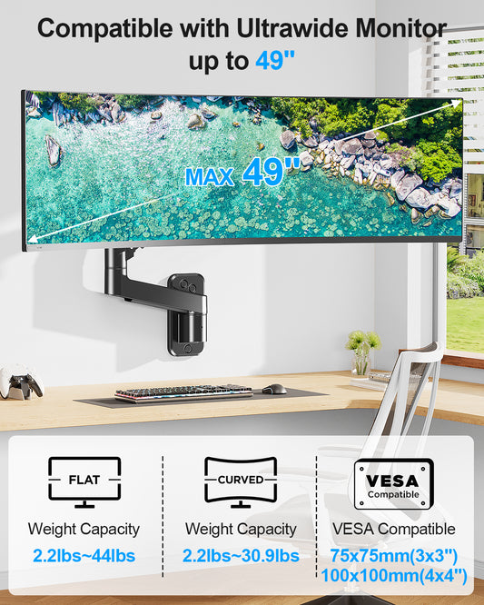 Mountory Monitor Wall Mount fits 22"-49" Ultrawide Flat & Curved Screens, Heavy Duty Single Monitor Wall Arm Holds 2.2 to 44 lbs, Full Motion Adjustable Wall Bracket, VESA Mount 75x75mm/100x100mm
