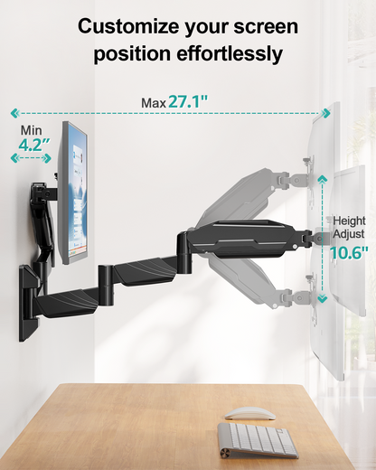 ErgoFocus Long Arm Dual Monitor Wall Mount, Gas Spring Wall Monitor Arm for 17-32" Screens, 27.1" Extra Long Monitor Mount, Holds up to 17.6 lbs Each, Full Motion VESA Mount, 75/100, Black