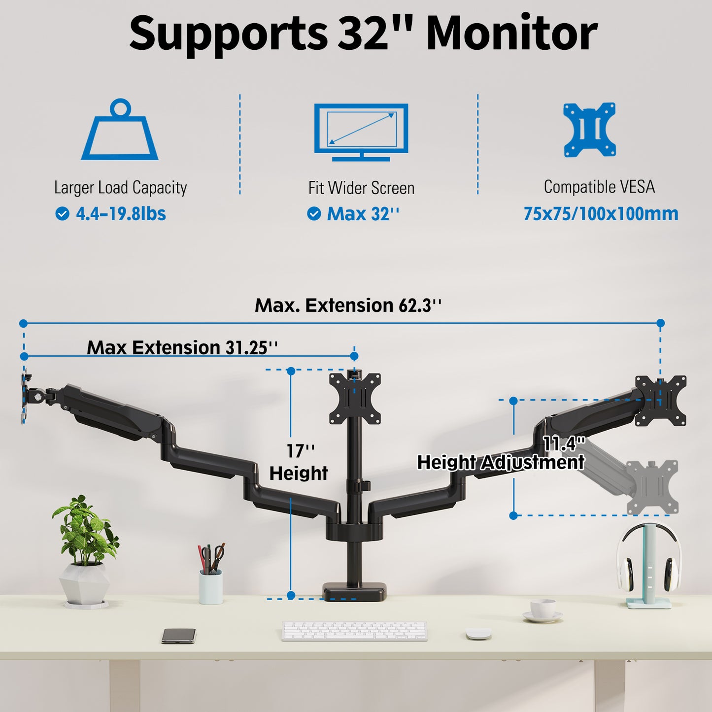 ErgoFocus Triple Monitor Desk Mount for Computer Screens up to 32", Holds up to 19.8 lbs Each, 3 Monitor Arm with Gas Spring, Heavy Duty Stand Vesa Mount 75x75, 100x100