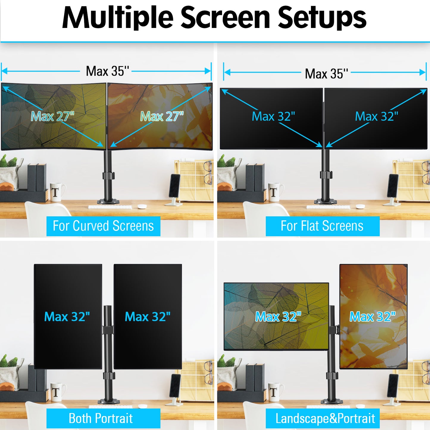 Mountory Dual Monitor Mount, Hold Two Screens up to 32" , 17.6 lbs Each, Fully Adjustable Arms with C-Clamp and Grommet Base, Double Monitor Stand