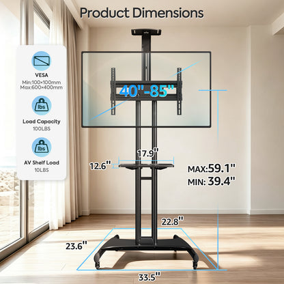 Mountory Mobile TV Stand, Rolling TV Cart for 40-85" TVs, Portable TV Floor Stand with Wheels, Adjustable Shelf, VESA 600x400mm,up to 100 lbs