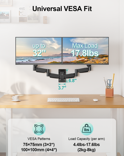 ErgoFocus Long Arm Dual Monitor Wall Mount, Gas Spring Wall Monitor Arm for 17-32" Screens, 27.1" Extra Long Monitor Mount, Holds up to 17.6 lbs Each, Full Motion VESA Mount, 75/100, Black