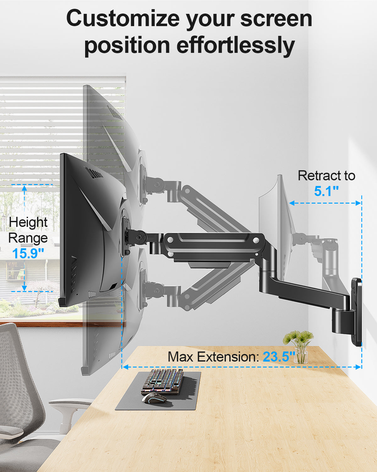 Mountory Monitor Wall Mount fits 22"-49" Ultrawide Flat & Curved Screens, Heavy Duty Single Monitor Wall Arm Holds 2.2 to 44 lbs, Full Motion Adjustable Wall Bracket, VESA Mount 75x75mm/100x100mm