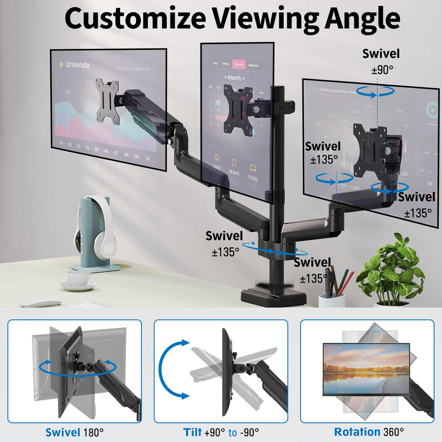 ErgoFocus Triple Monitor Desk Mount for Computer Screens up to 32", Holds up to 19.8 lbs Each, 3 Monitor Arm with Gas Spring, Heavy Duty Stand Vesa Mount 75x75, 100x100