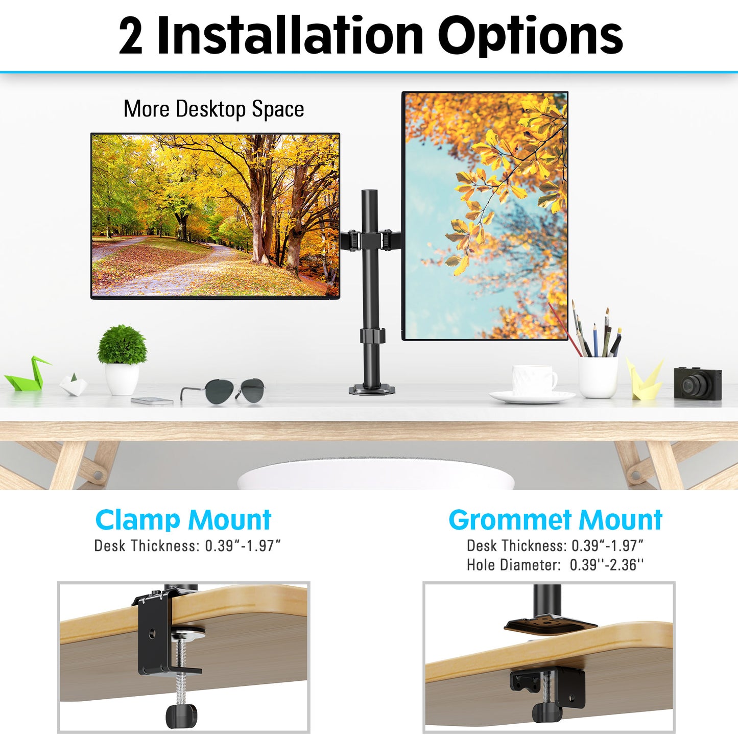 Mountory Dual Monitor Mount, Hold Two Screens up to 32" , 17.6 lbs Each, Fully Adjustable Arms with C-Clamp and Grommet Base, Double Monitor Stand