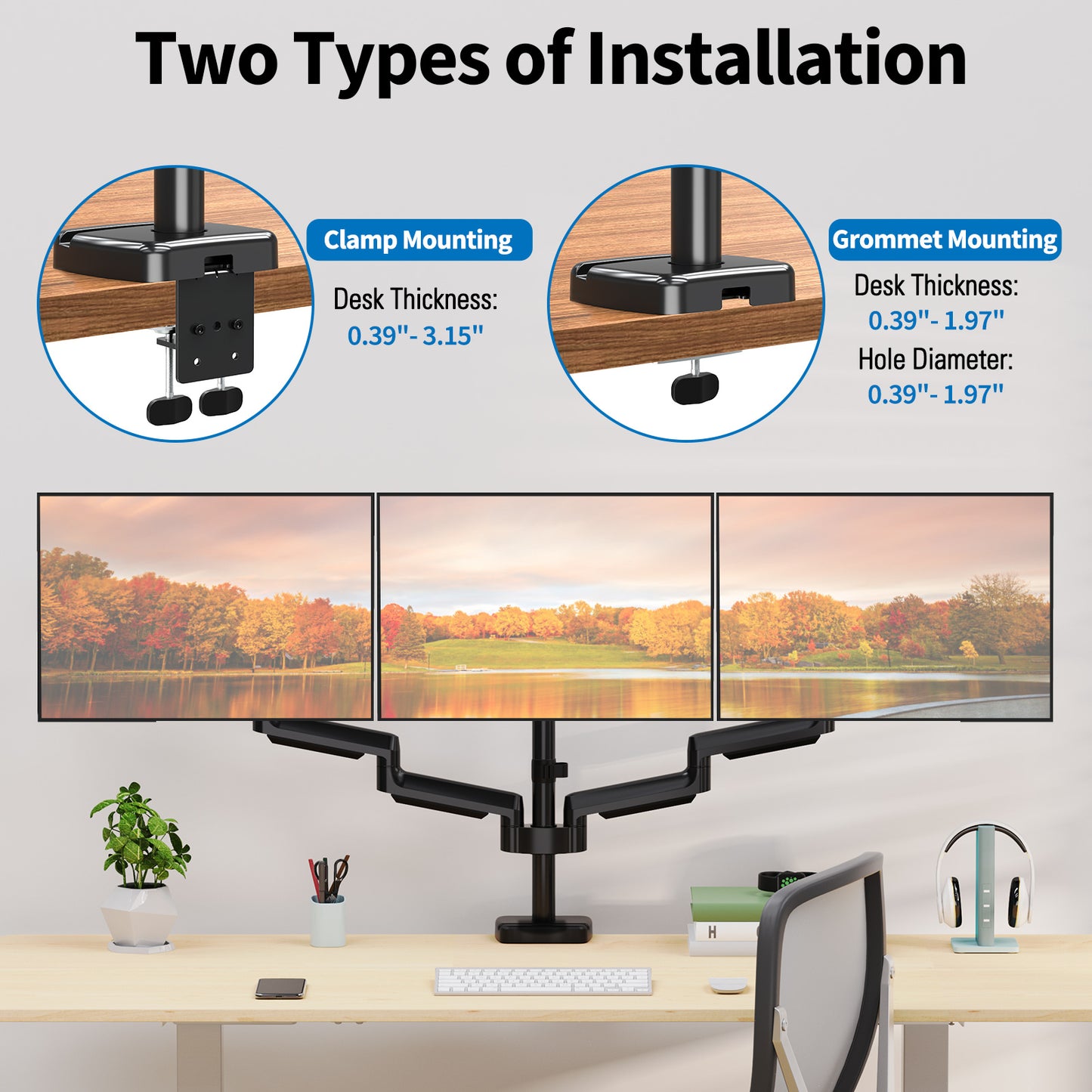 ErgoFocus Triple Monitor Desk Mount for Computer Screens up to 32", Holds up to 19.8 lbs Each, 3 Monitor Arm with Gas Spring, Heavy Duty Stand Vesa Mount 75x75, 100x100