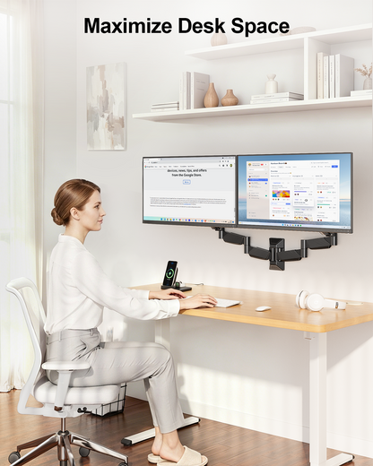 ErgoFocus Long Arm Dual Monitor Wall Mount, Gas Spring Wall Monitor Arm for 17-32" Screens, 27.1" Extra Long Monitor Mount, Holds up to 17.6 lbs Each, Full Motion VESA Mount, 75/100, Black