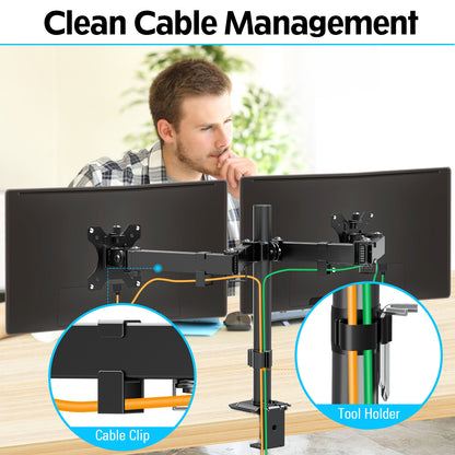 Mountory Dual Monitor Mount, Hold Two Screens up to 32" , 17.6 lbs Each, Fully Adjustable Arms with C-Clamp and Grommet Base, Double Monitor Stand