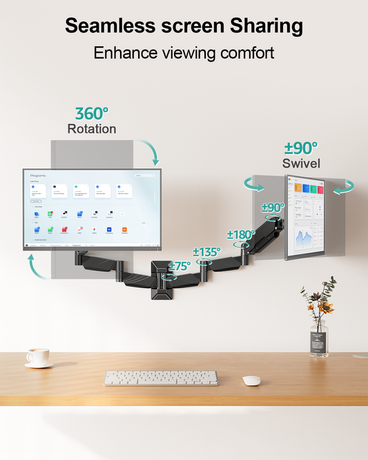 ErgoFocus Long Arm Dual Monitor Wall Mount, Gas Spring Wall Monitor Arm for 17-32" Screens, 27.1" Extra Long Monitor Mount, Holds up to 17.6 lbs Each, Full Motion VESA Mount, 75/100, Black
