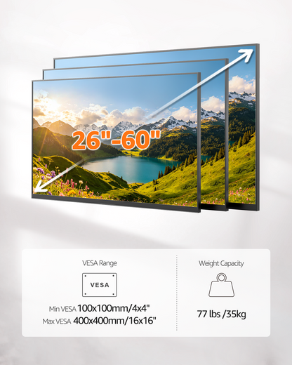 TV Wall Mount for Most 26-60 Inch TVs, Max VESA 400x400mm, 77 lbs Load Capacity, 7° Up & 10° Down Tilt ±90° Swivel Full Motion TV Bracket, Single Stud 3.5” Offset Corner TV Mount