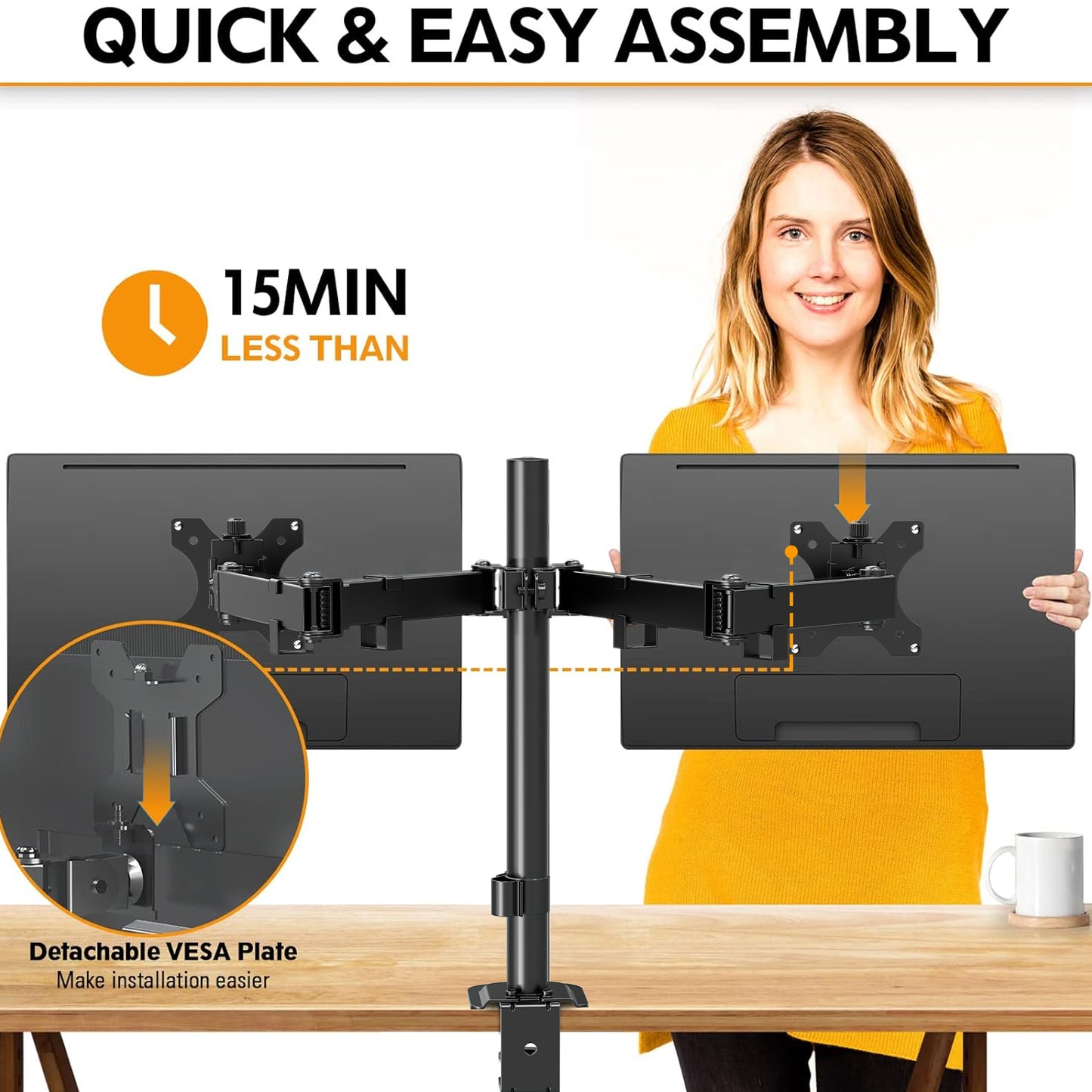 Mountory Dual Monitor Mount, Hold Two Screens up to 32" , 17.6 lbs Each, Fully Adjustable Arms with C-Clamp and Grommet Base, Double Monitor Stand