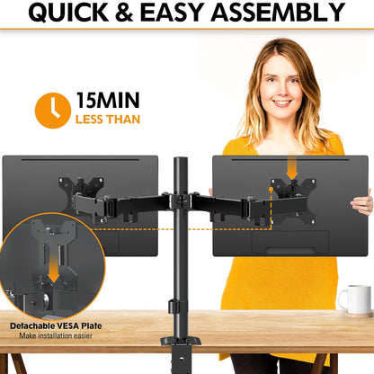 Mountory Dual Monitor Mount, Hold Two Screens up to 32" , 17.6 lbs Each, Fully Adjustable Arms with C-Clamp and Grommet Base, Double Monitor Stand
