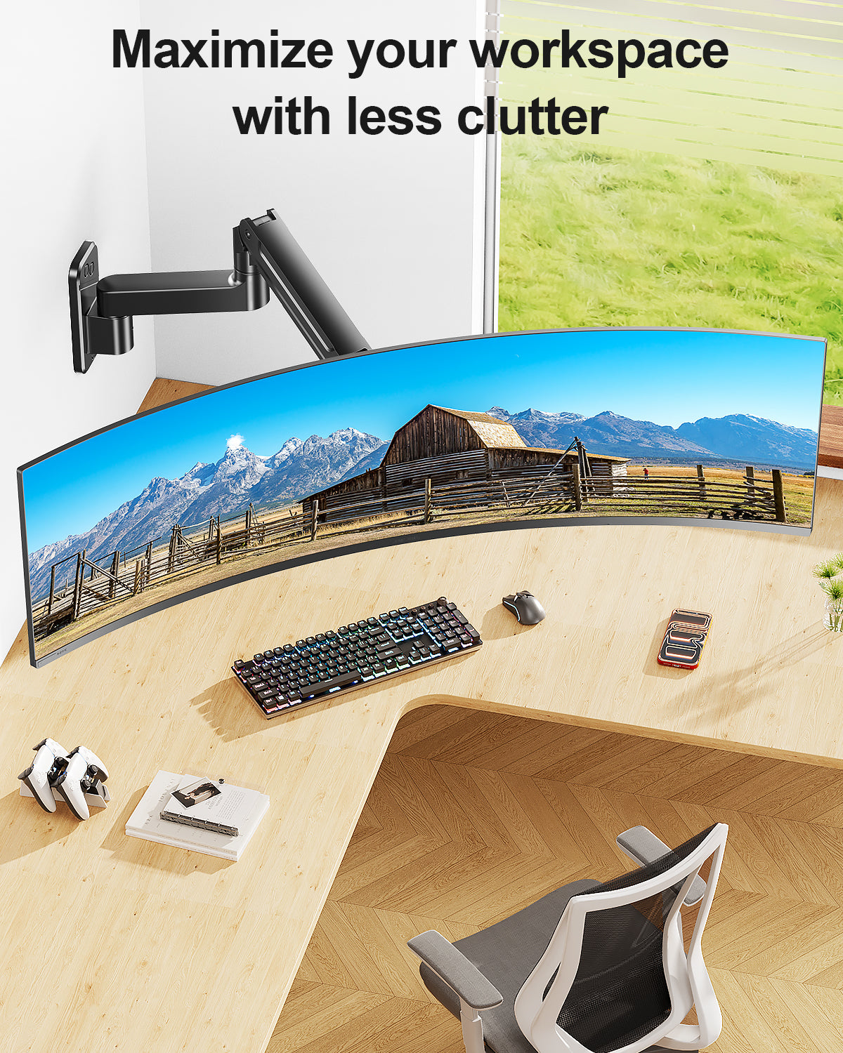 Mountory Monitor Wall Mount fits 22"-49" Ultrawide Flat & Curved Screens, Heavy Duty Single Monitor Wall Arm Holds 2.2 to 44 lbs, Full Motion Adjustable Wall Bracket, VESA Mount 75x75mm/100x100mm