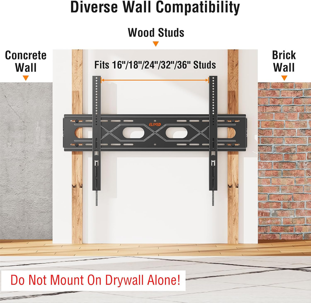 ELIVED Heavy Duty Fixed TV Mount for 50-120" TVs, VESA 950x600, 220 lbs. 1.1in low profile space-saving tv wall mount bracket, compatible with 16/24/32/36 inch wall studs for large flat screen TVs