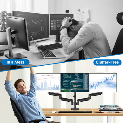 ErgoFocus Triple Monitor Desk Mount for Computer Screens up to 32", Holds up to 19.8 lbs Each, 3 Monitor Arm with Gas Spring, Heavy Duty Stand Vesa Mount 75x75, 100x100
