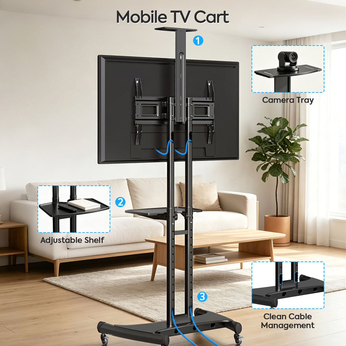 Mountory Mobile TV Stand, Rolling TV Cart for 40-85" TVs, Portable TV Floor Stand with Wheels, Adjustable Shelf, VESA 600x400mm,up to 100 lbs