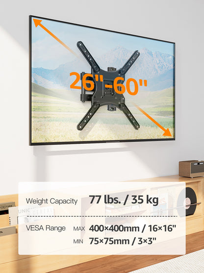 Full Motion TV Wall Mount for Most 26-60 Inch TVs, Articulating Arms Swivel and Tilt tv Mount, Wall Mount Brackets Max VESA 400x400, Single Stud Perfect Center Design, Holds Up to 77 lbs.