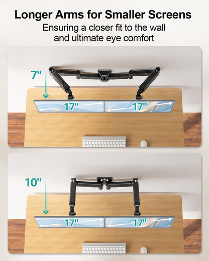 ErgoFocus Long Arm Dual Monitor Wall Mount, Gas Spring Wall Monitor Arm for 17-32" Screens, 27.1" Extra Long Monitor Mount, Holds up to 17.6 lbs Each, Full Motion VESA Mount, 75/100, Black