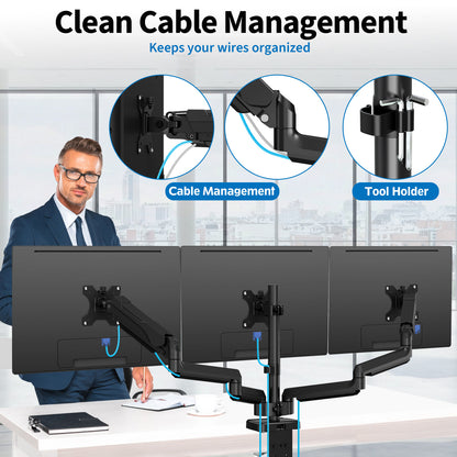ErgoFocus Triple Monitor Desk Mount for Computer Screens up to 32", Holds up to 19.8 lbs Each, 3 Monitor Arm with Gas Spring, Heavy Duty Stand Vesa Mount 75x75, 100x100
