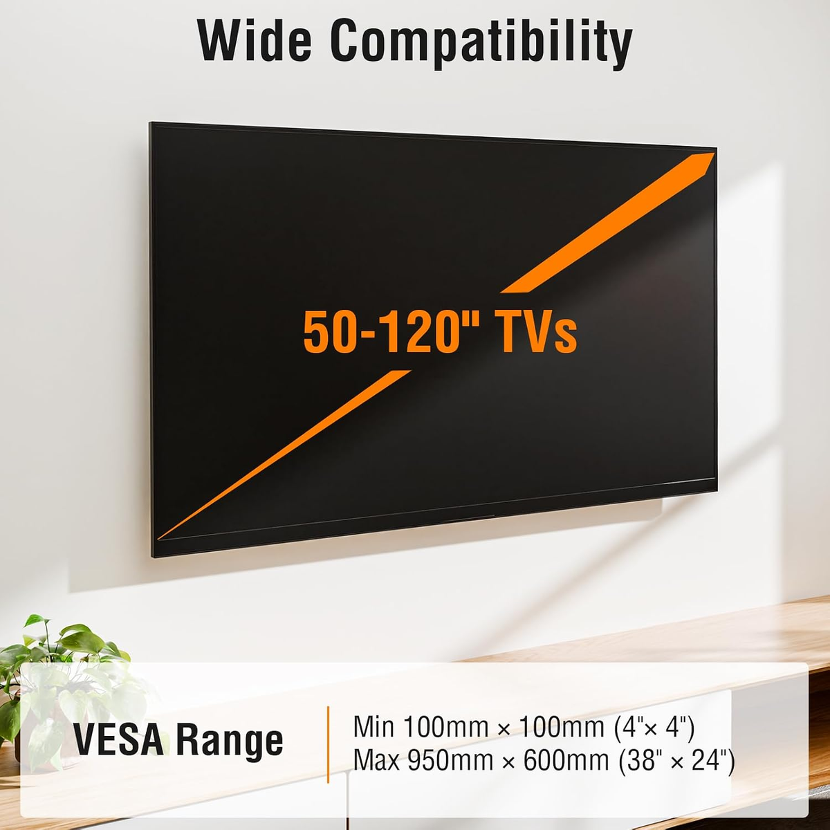 ELIVED Heavy Duty Fixed TV Mount for 50-120" TVs, VESA 950x600, 220 lbs. 1.1in low profile space-saving tv wall mount bracket, compatible with 16/24/32/36 inch wall studs for large flat screen TVs