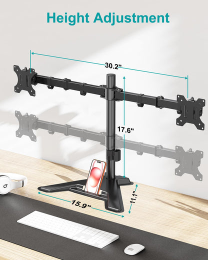 Mountory Dual Monitor Stand, Free-Standing Full Motion Monitor Desk Mount Fits 2 Screens up to 27", 17.6lbs with Height Adjustable, Swivel, Tilt, Rotation, VESA 75x75 100x100