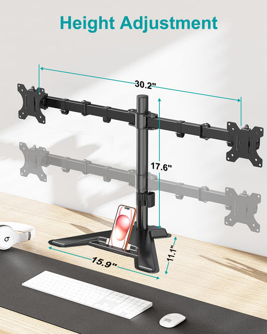 Mountory Dual Monitor Stand, Free-Standing Full Motion Monitor Desk Mount Fits 2 Screens up to 27", 17.6lbs with Height Adjustable, Swivel, Tilt, Rotation, VESA 75x75 100x100