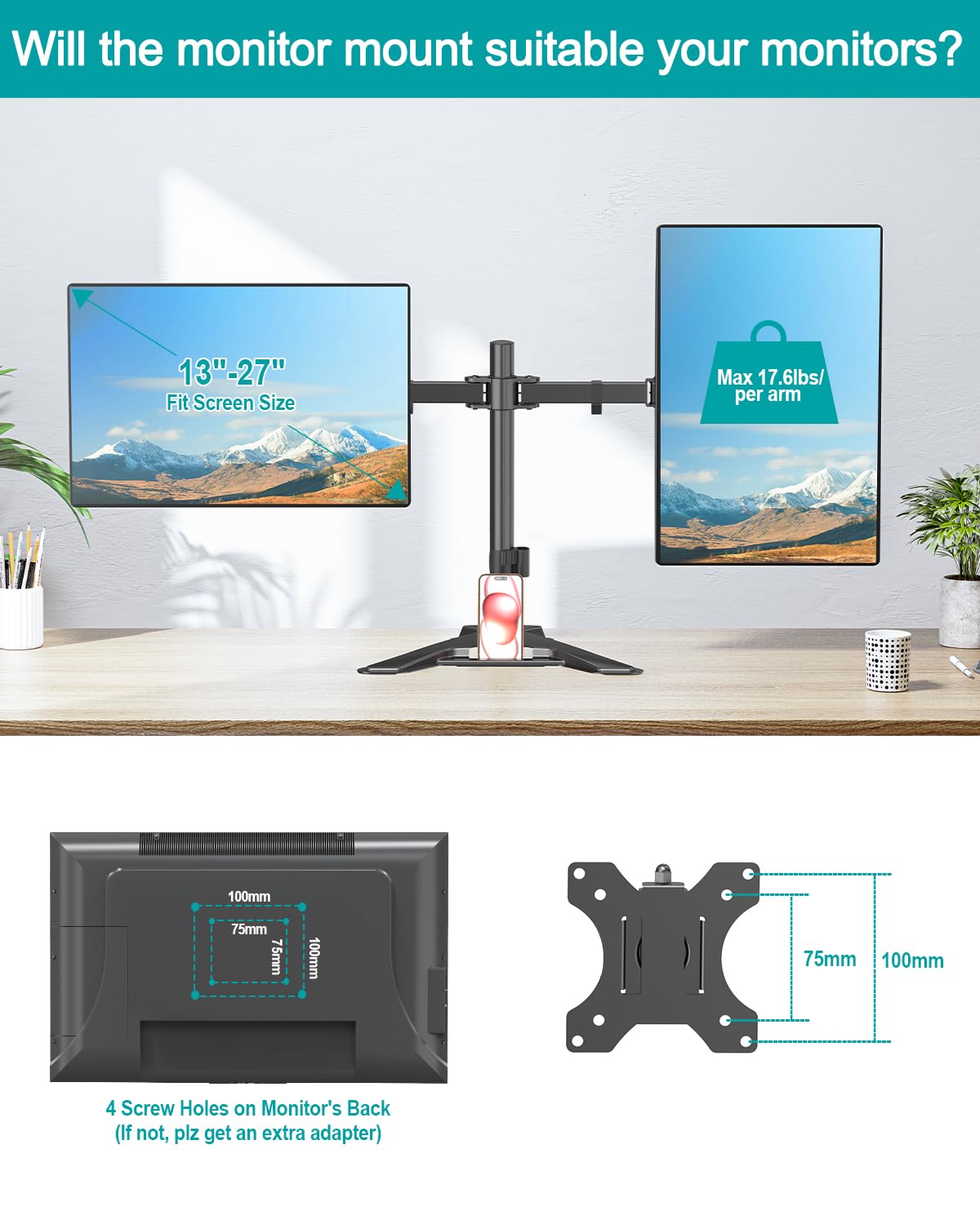 Mountory Dual Monitor Stand, Free-Standing Full Motion Monitor Desk Mount Fits 2 Screens up to 27", 17.6lbs with Height Adjustable, Swivel, Tilt, Rotation, VESA 75x75 100x100
