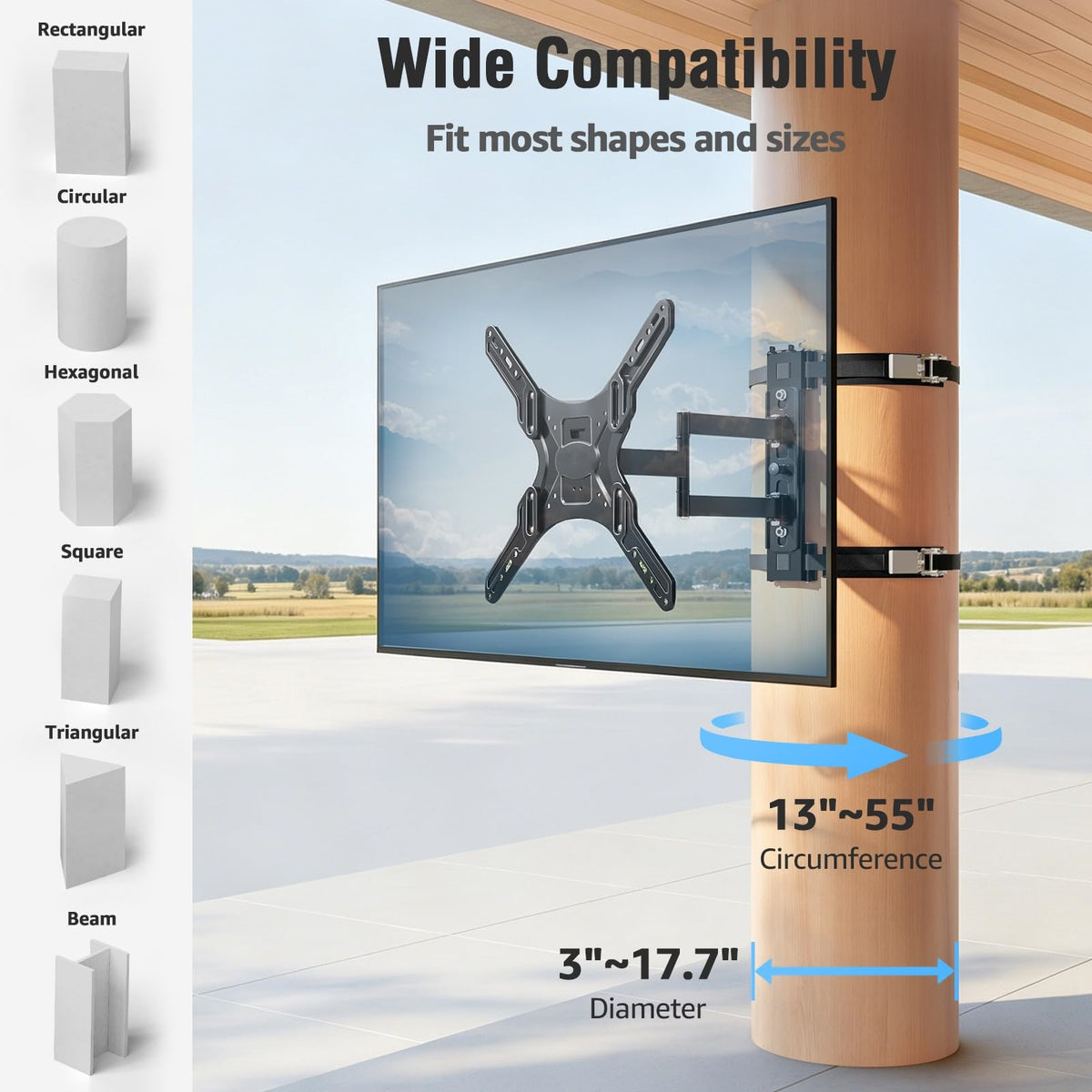 Mountory Pillar TV Mount for 26-60 inch TVs, No Drill TV Wall Mount for Gazebo Patio Pole, Strap-On Post Mount for Round/Square Columns, Full Motion Swivel & Tilt, Max VESA 400x400mm, 77lbs