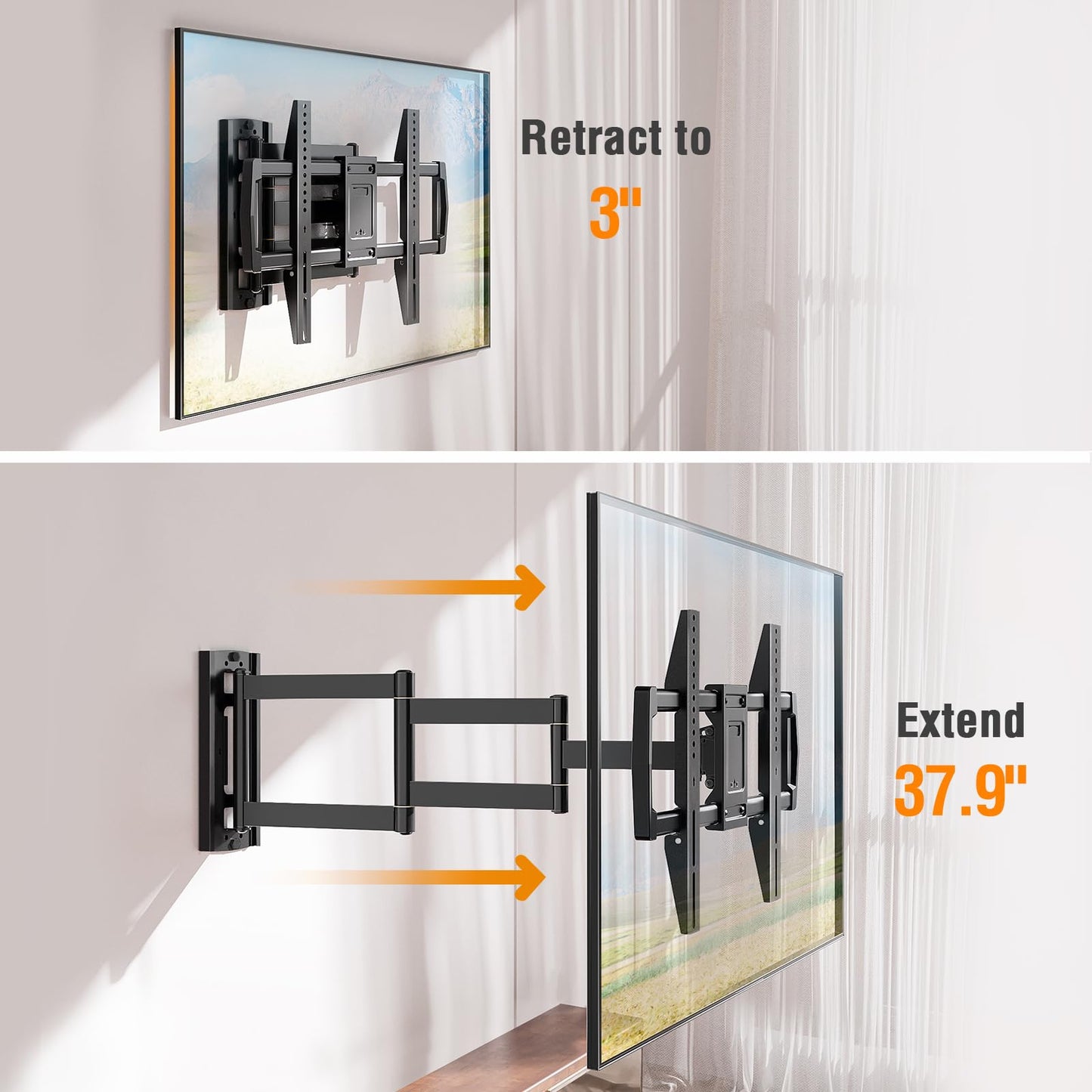 Mountory Long Arm TV Wall Mount for Most 43-76 Inch TVs, 37.9 Inch Long Extension Corner TV Mount, Full Motion Wall Mount TV Bracket Swivel and Tilt, Holds up to 99 lbs. Max VESA 600x400mm