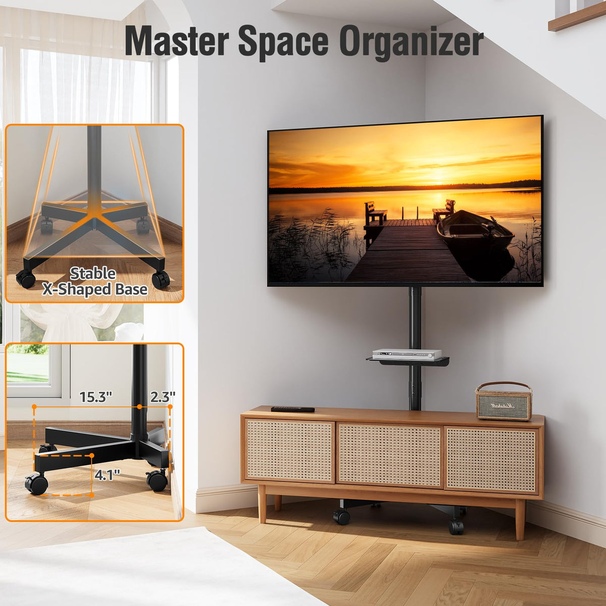 Mountory Mobile TV Stand for 23-60" TVs, Portable Rolling TV Stand with Wheels&Shelf, VESA 400x400, 77 Lbs Load