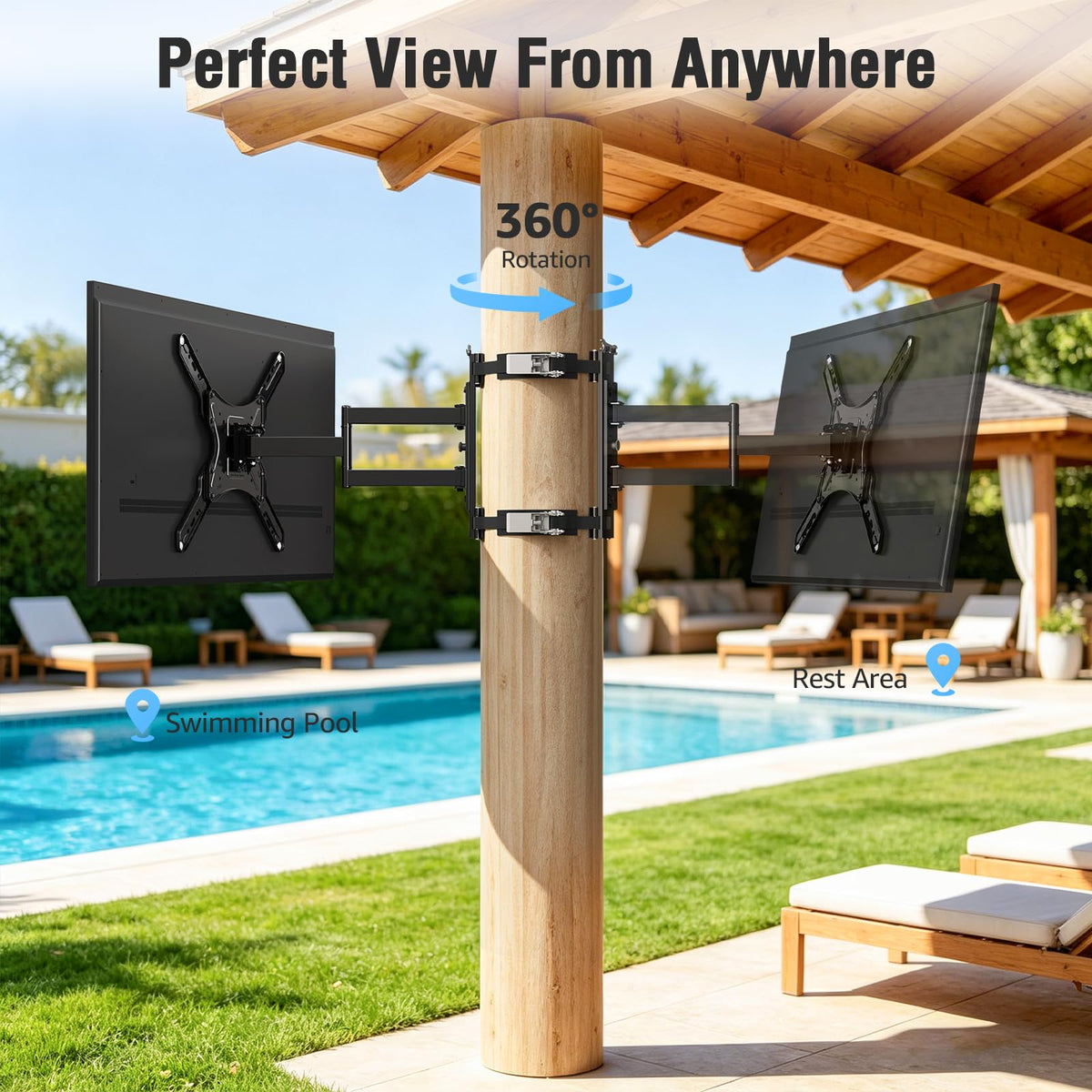 Mountory Pillar TV Mount for 26-60 inch TVs, No Drill TV Wall Mount for Gazebo Patio Pole, Strap-On Post Mount for Round/Square Columns, Full Motion Swivel & Tilt, Max VESA 400x400mm, 77lbs