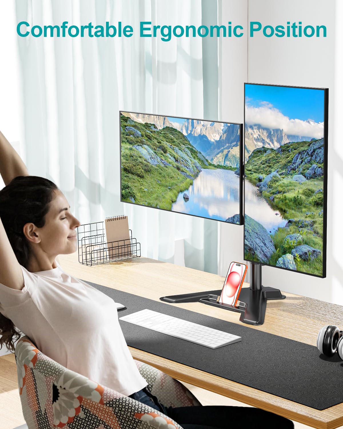Mountory Dual Monitor Stand, Free-Standing Full Motion Monitor Desk Mount Fits 2 Screens up to 27", 17.6lbs with Height Adjustable, Swivel, Tilt, Rotation, VESA 75x75 100x100