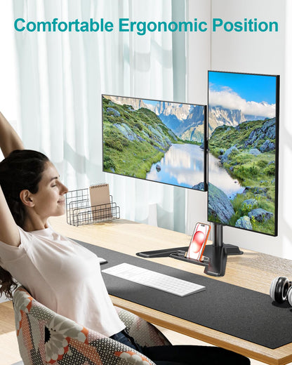 Mountory Dual Monitor Stand, Free-Standing Full Motion Monitor Desk Mount Fits 2 Screens up to 27", 17.6lbs with Height Adjustable, Swivel, Tilt, Rotation, VESA 75x75 100x100
