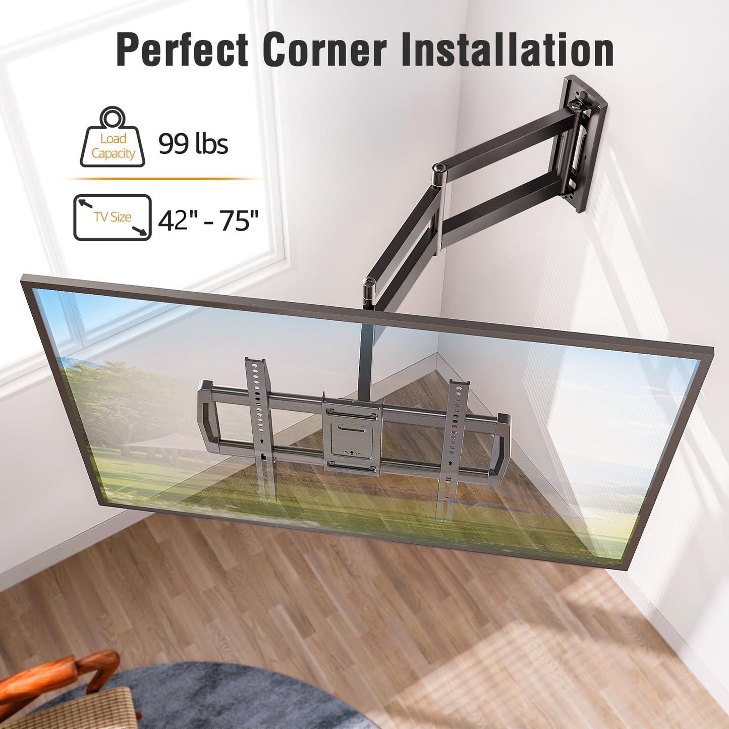 Mountory Long Arm TV Wall Mount for Most 43-76 Inch TVs, 37.9 Inch Long Extension Corner TV Mount, Full Motion Wall Mount TV Bracket Swivel and Tilt, Holds up to 99 lbs. Max VESA 600x400mm