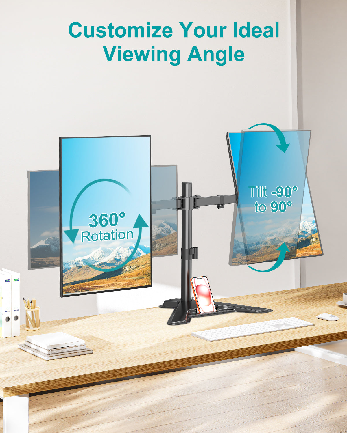 Mountory Dual Monitor Stand, Free-Standing Full Motion Monitor Desk Mount Fits 2 Screens up to 27", 17.6lbs with Height Adjustable, Swivel, Tilt, Rotation, VESA 75x75 100x100