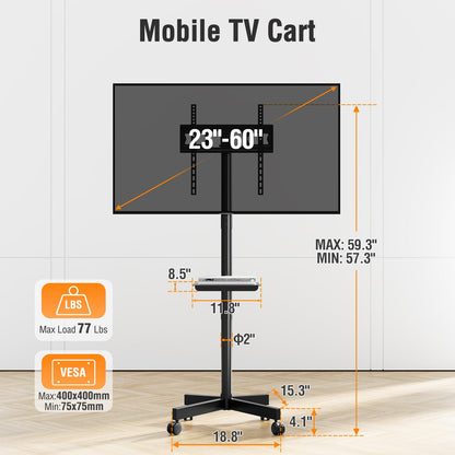 Mountory Mobile TV Stand for 23-60" TVs, Portable Rolling TV Stand with Wheels&Shelf, VESA 400x400, 77 Lbs Load