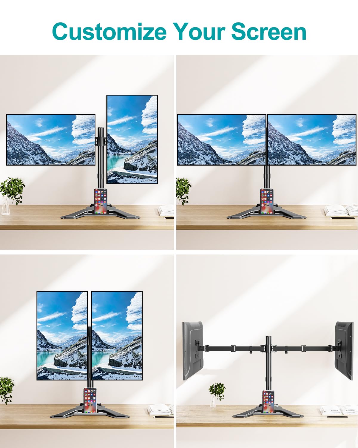 Mountory Dual Monitor Stand, Free-Standing Full Motion Monitor Desk Mount Fits 2 Screens up to 27", 17.6lbs with Height Adjustable, Swivel, Tilt, Rotation, VESA 75x75 100x100