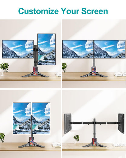 Mountory Dual Monitor Stand, Free-Standing Full Motion Monitor Desk Mount Fits 2 Screens up to 27", 17.6lbs with Height Adjustable, Swivel, Tilt, Rotation, VESA 75x75 100x100