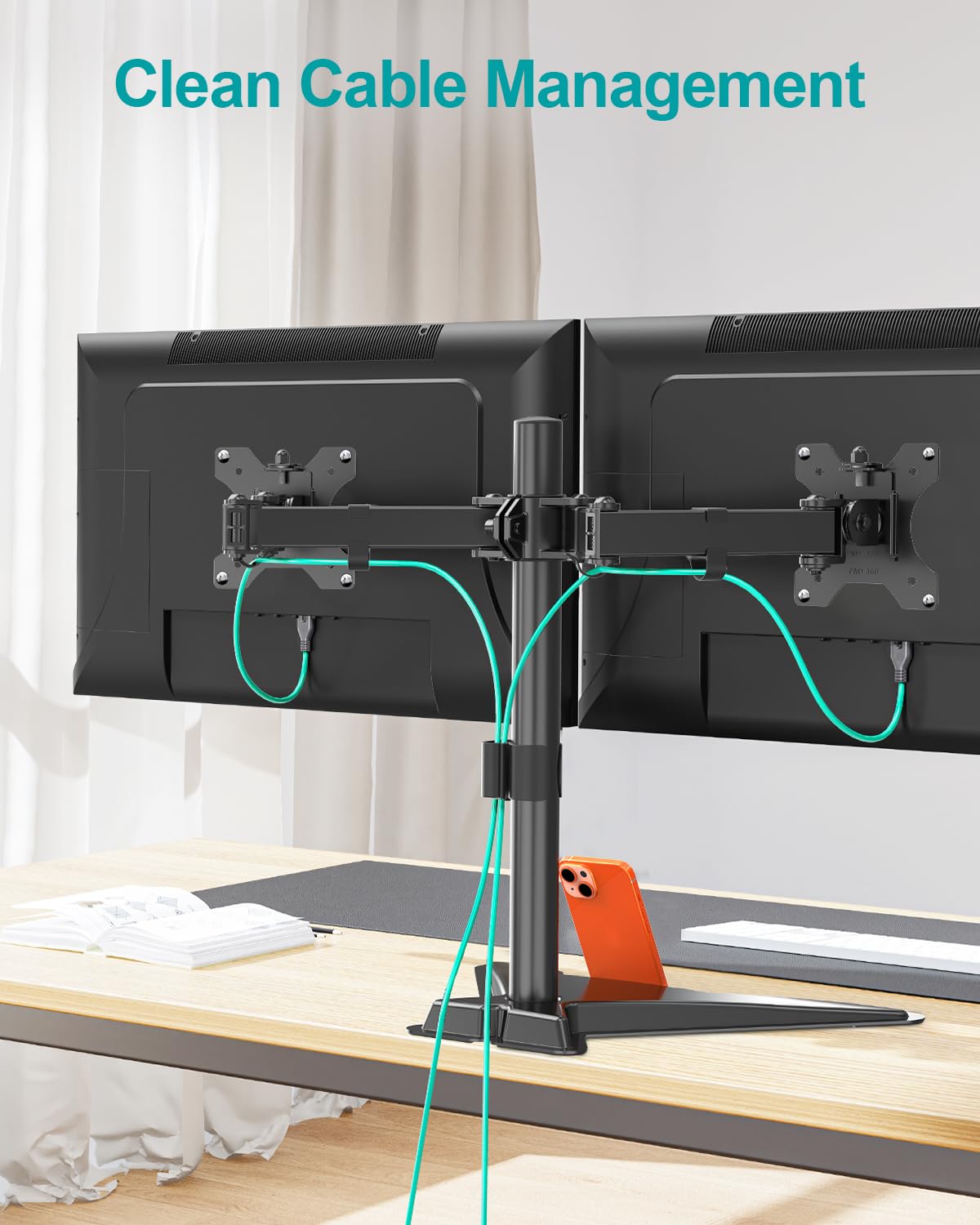 Mountory Dual Monitor Stand, Free-Standing Full Motion Monitor Desk Mount Fits 2 Screens up to 27", 17.6lbs with Height Adjustable, Swivel, Tilt, Rotation, VESA 75x75 100x100